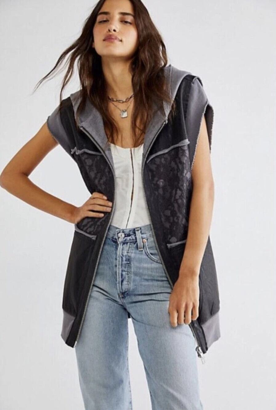 Free People Rat Pack Bethel Vest Small Gray Hooded Patchwork Oversized Slouchy